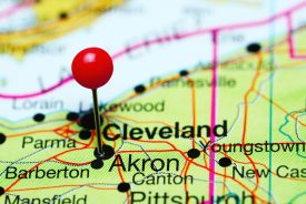 Akron pinned on a map of Ohio, USA